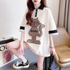 韓国系   POLOネック プリントTシャツ ゆったり半袖 ＜F-2894＞