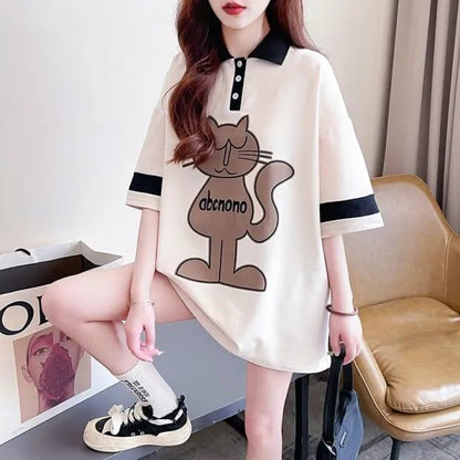 韓国系   POLOネック プリントTシャツ ゆったり半袖 ＜F-2894＞