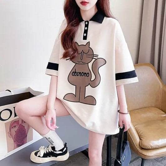 韓国系   POLOネック プリントTシャツ ゆったり半袖 ＜F-2894＞