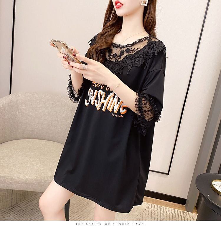 話題沸騰中 レース 大好評 透かし彫り 切り替え プリント全3色 半袖Tシャツ カットソー ＜F-8562＞
