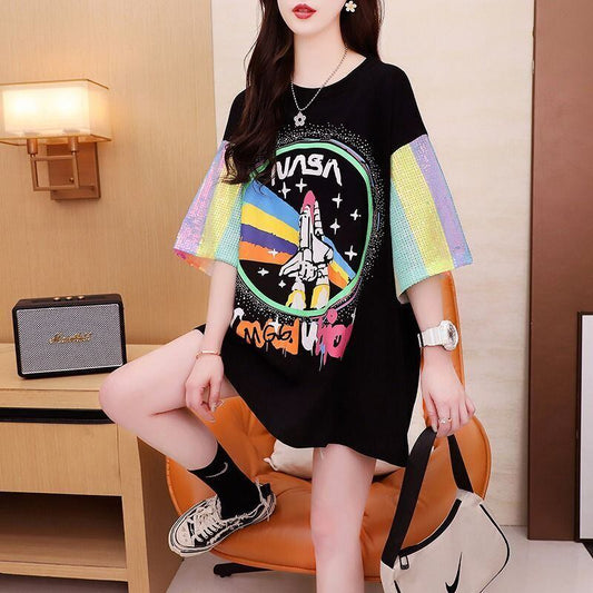新作   切り替え プリント スパンコール 全3色 半袖Tシャツ＜F-8165＞