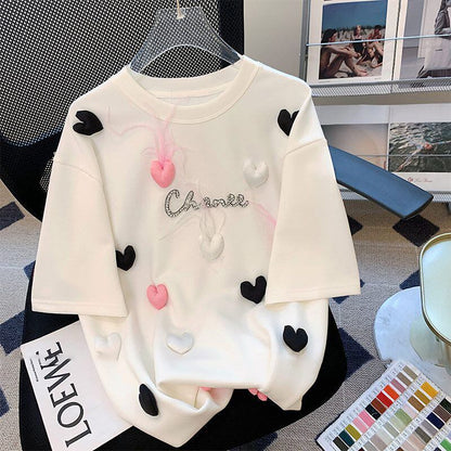 絶対欲しい ホットダイヤモンド キュート 三次元の愛 ゆったり 半袖Tシャツ＜F-8823＞