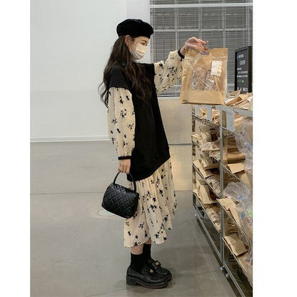 高級感 柔らかくて優しい印象 効果抜群 プリント切り替え ワンピースF-10854