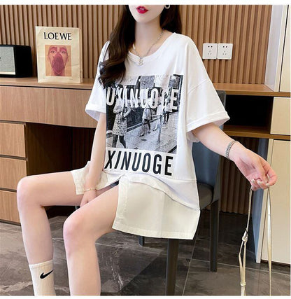 絶対流行 レイヤード風 レース プリント全2色 半袖TシャツF-8821