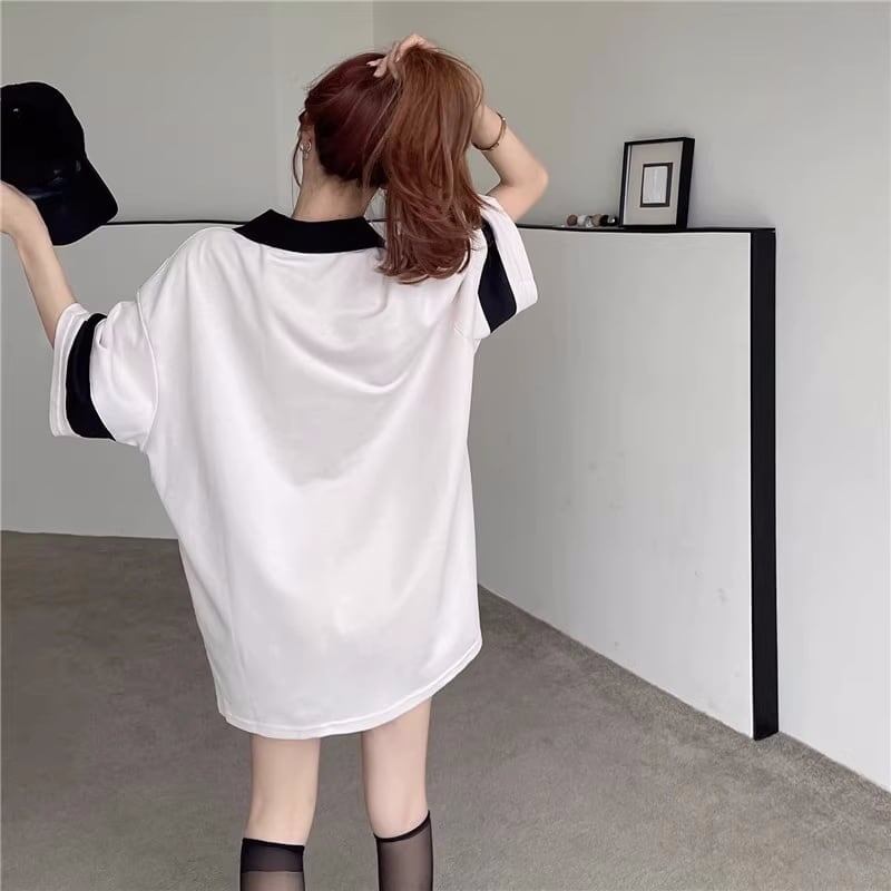 韓国系   POLOネック ロング Tシャツ 三色 ゆったりワンピース＜F-4025＞