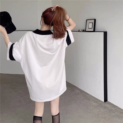 韓国系   POLOネック ロング Tシャツ 三色 ゆったりワンピース＜F-4025＞