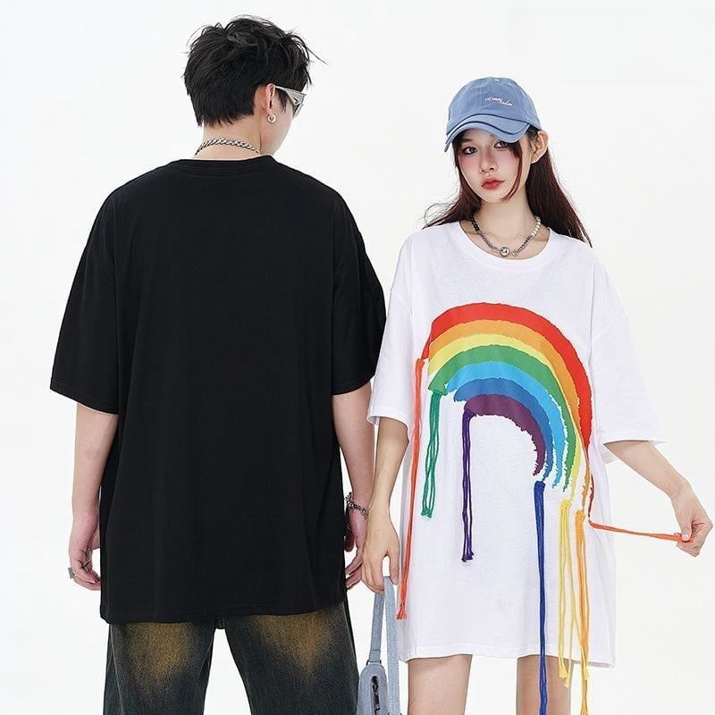 好感度UP 虹ロゴ タッセル ゆったり Tシャツ 全2色 ユニセックス半袖F-4863