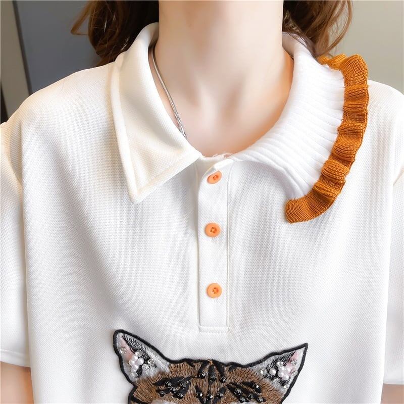 質感のいい   猫刺繍 Tシャツ ゆったり半袖 ＜F-2849＞
