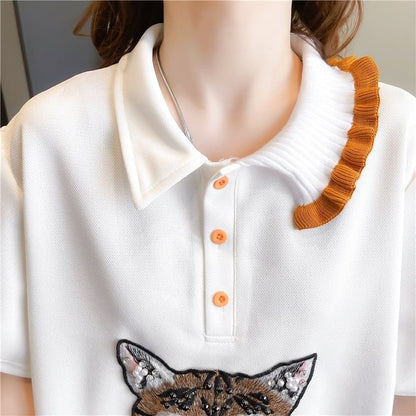 質感のいい   猫刺繍 Tシャツ ゆったり半袖 ＜F-2849＞