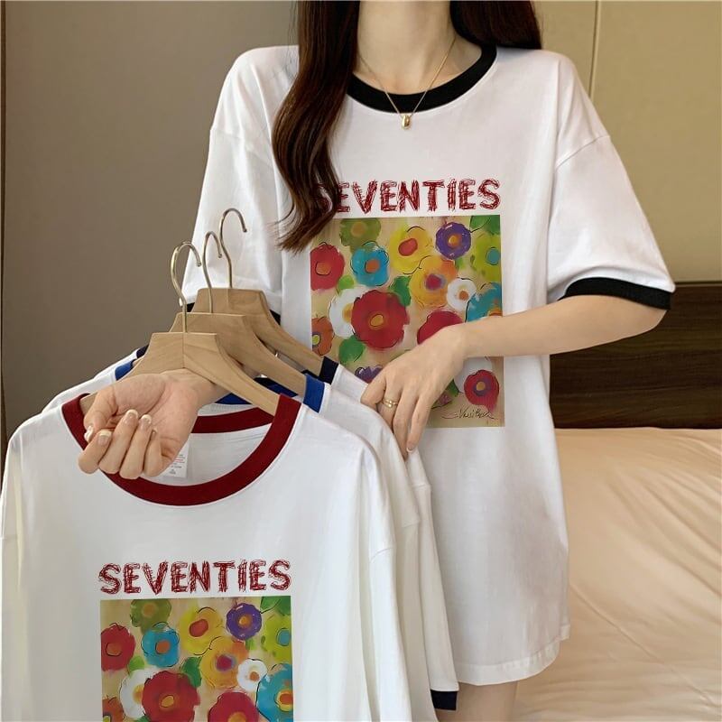 着?せ 配色 プリント ロング Tシャツ 四色 ゆったり半袖 ＜F-3019＞