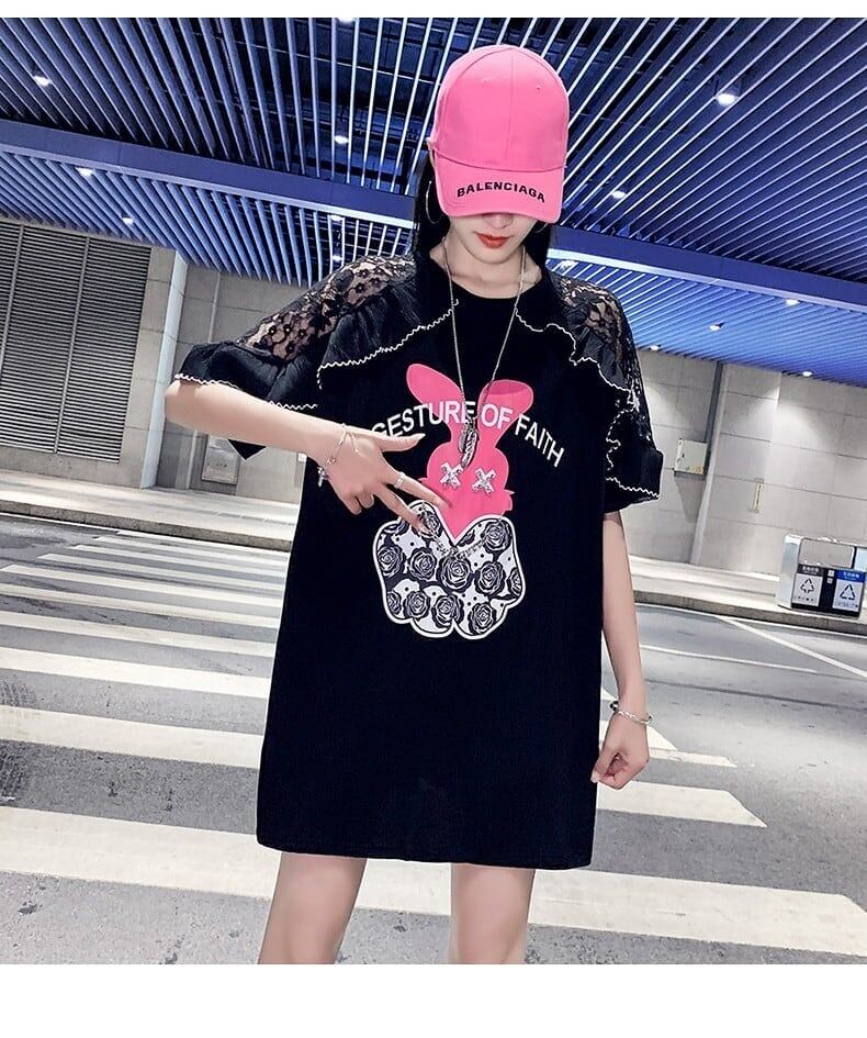 レースステッチアイスシルクニットルーズラビットプリント半袖Tシャツ<F-5038>