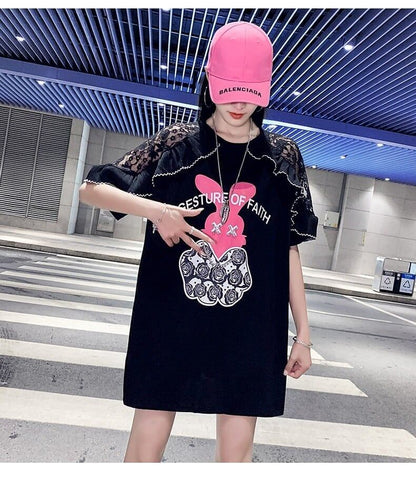 レースステッチアイスシルクニットルーズラビットプリント半袖Tシャツ<F-5038>
