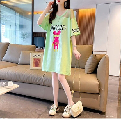 売り切れ必至 Vネック セクシー 切り替え チュール プリントTシャツ ゆったりワンピース ＜F-3050＞