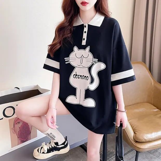 韓国系   POLOネック プリントTシャツ ゆったり半袖 ＜F-2894＞