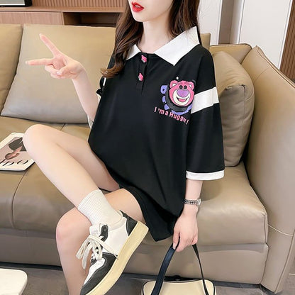 POLOネック 切り替え 熊柄 ロング プリント Tシャツ 二色 ゆったりワンピース ＜F-3020＞