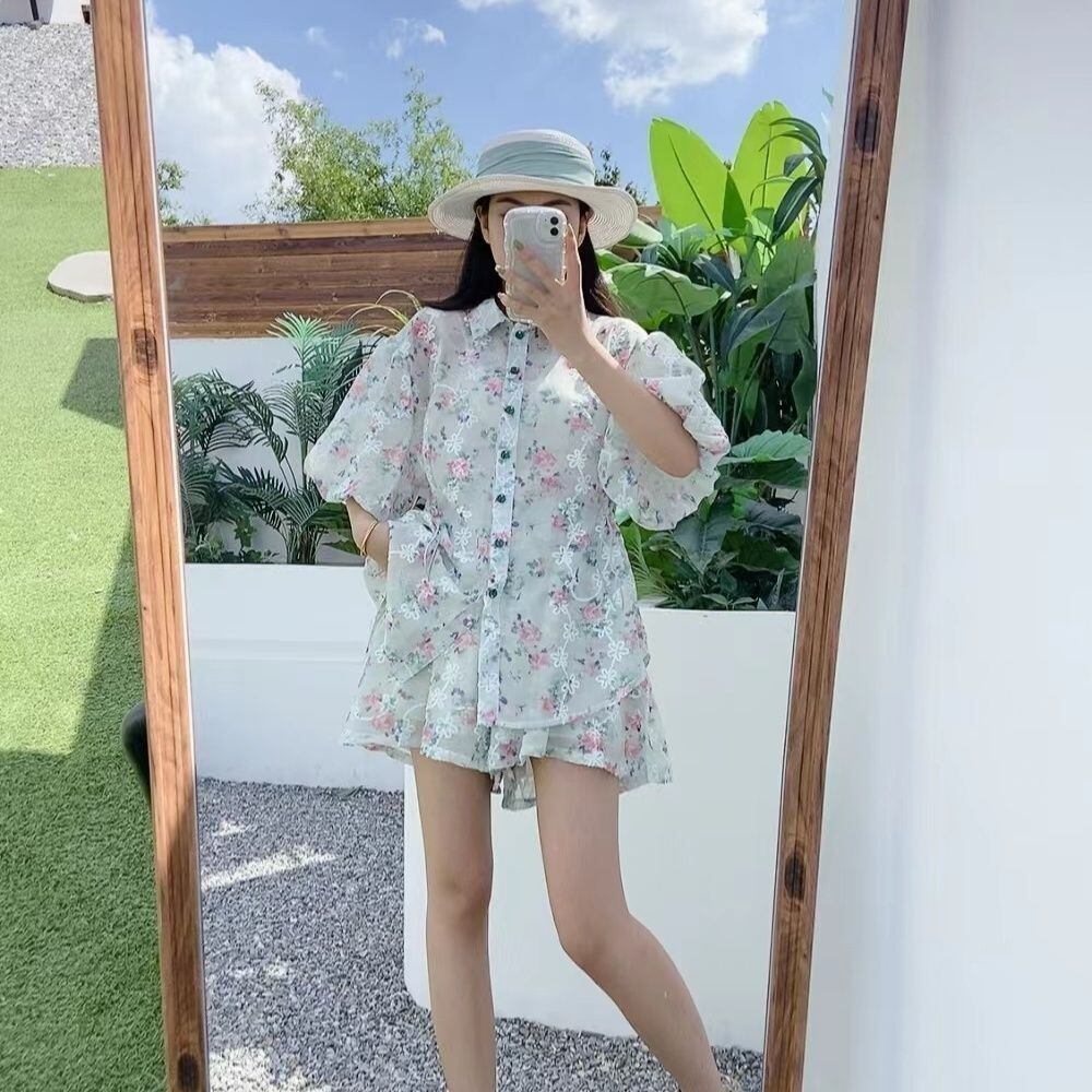 新商品 花柄 大人可愛い シャツ＋ショートパンツ セットアップ＜F-9001＞