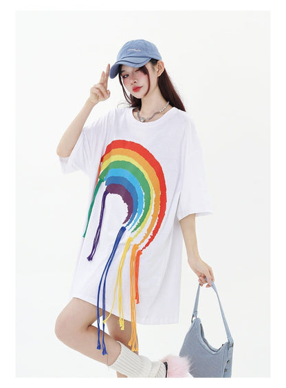 好感度UP 虹ロゴ タッセル ゆったり Tシャツ 全2色 ユニセックス半袖F-4863