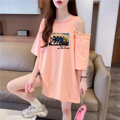 おしゃれ度高め レース 美人度アップ 切り替え プリント全4色 Tシャツ カットソー＜F-9213＞