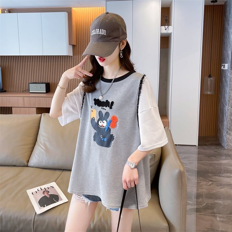 ワッフルフェイクツーピース漫画立体刺繍半袖Tシャツ<F-2871>