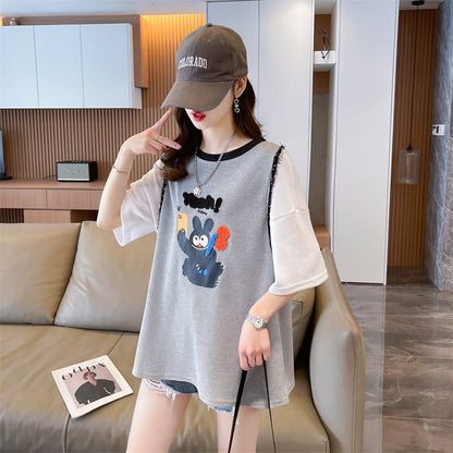 ワッフルフェイクツーピース漫画立体刺繍半袖Tシャツ<F-2871>