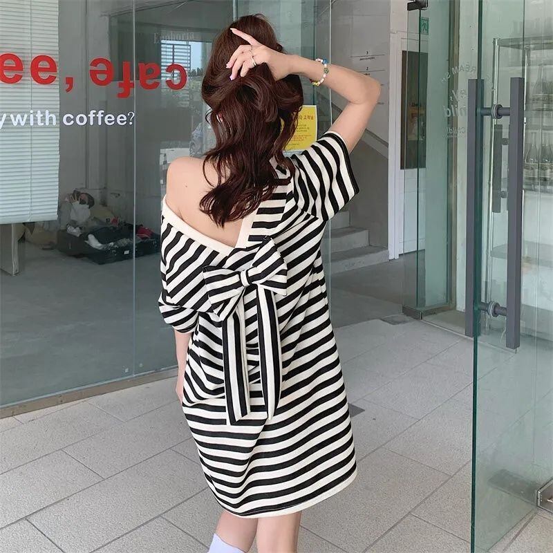 スタイルアップ 上質 美人度アップ リボン ストライプ柄 ワンピースF-9202