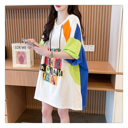 売り切れ必至 切り替え カジュアル カラーマッチング プリント全2色 半袖Tシャツ<F-8723>