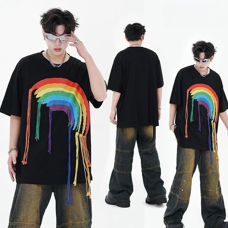 好感度UP 虹ロゴ タッセル ゆったり Tシャツ 全2色 ユニセックス半袖F-4863