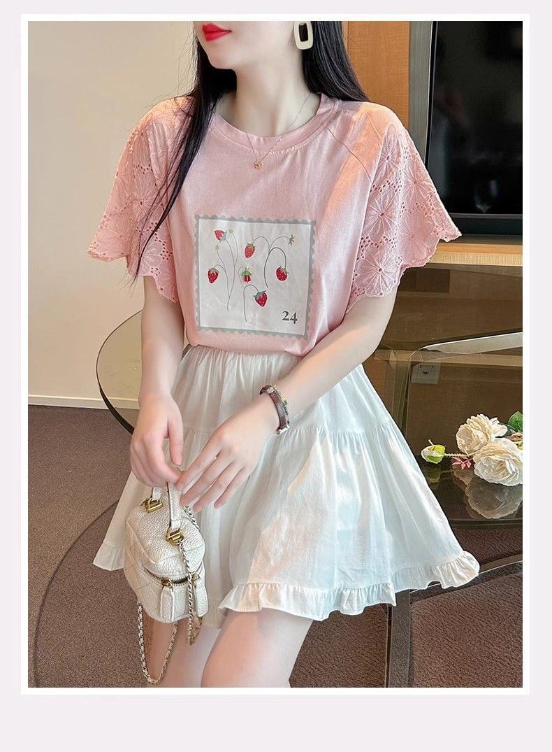 大好評 レース 上質 刺繍 切り替え 全2色 半袖Tシャツ＜F-8869＞