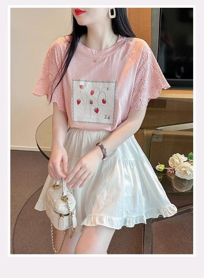 大好評 レース 上質 刺繍 切り替え 全2色 半袖Tシャツ＜F-8869＞