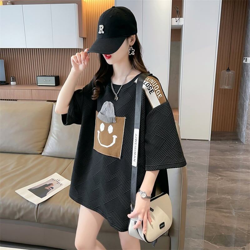 エレガントな立体ジャガードルーズウールパッチステッチ半袖Tシャツ<F-2901>