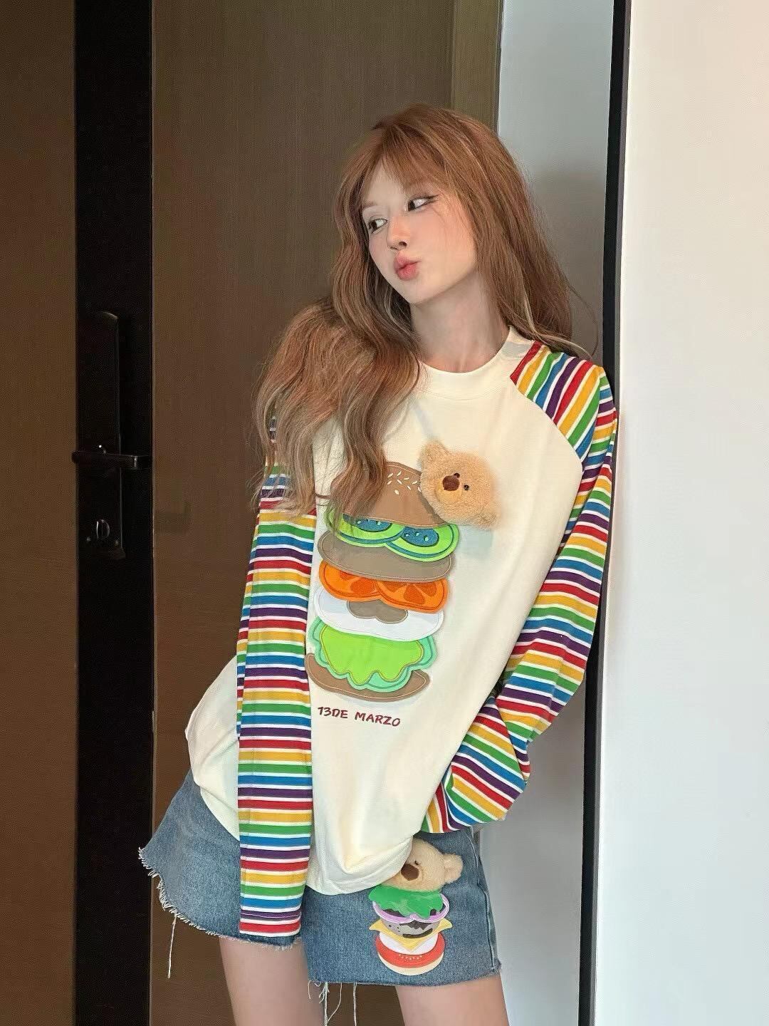 都市ファッショ デザイン オシャレ 大人可愛い 着心地良い プリント ストライプ柄 半袖TシャツF-9332