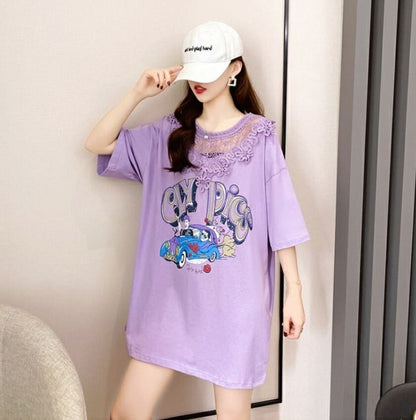 着回し力抜群 プリント カジュアル ビッグロゴ レース 切り替え 半袖Tシャツ 全3色＜F-8423＞