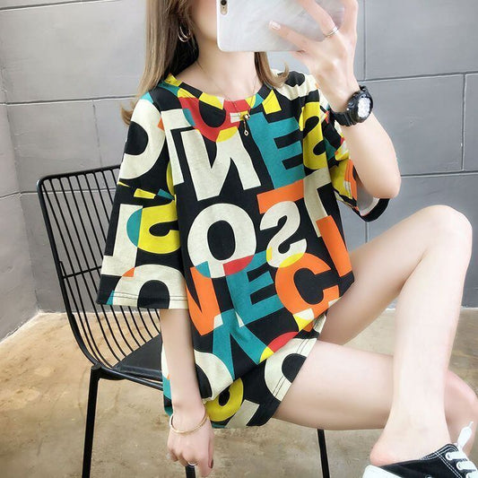 売り切れ必至 カラーマッチング 個性派 プリント全2色 半袖Tシャツ カットソー ＜F-8556＞