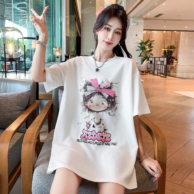 好感度UP ピンク カジュアル プリント スパンコール プリント ゆったり 半袖 Tシャツ＜F-8705＞