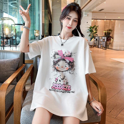 好感度UP ピンク カジュアル プリント スパンコール プリント ゆったり 半袖 Tシャツ＜F-8705＞