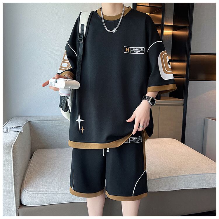 早い者勝ち カジュアル ファッション 切り替え 全3色 半袖ＴシャツⅹパンツセットF-8950