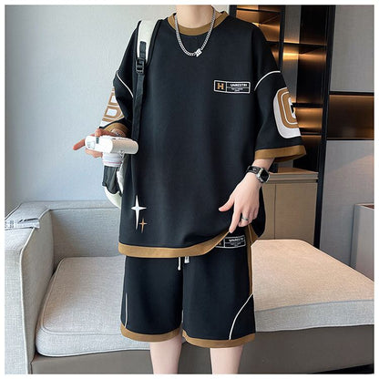 早い者勝ち カジュアル ファッション 切り替え 全3色 半袖ＴシャツⅹパンツセットF-8950