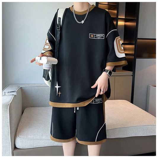 早い者勝ち カジュアル ファッション 切り替え 全3色 半袖ＴシャツⅹパンツセットF-8950