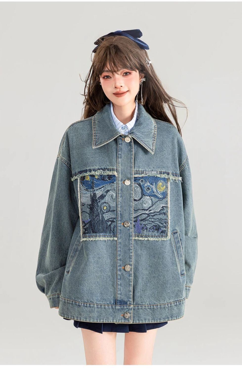 流行新作 おしゃれ度高め 高見えデザイン 刺繍 デニム ジャケットF-10521