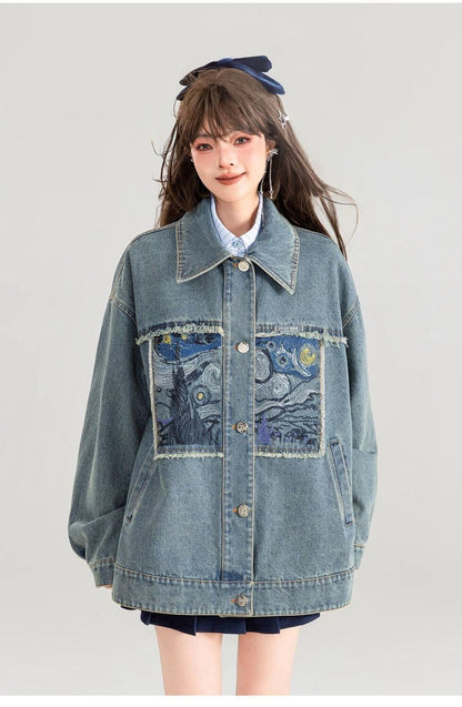 流行新作 おしゃれ度高め 高見えデザイン 刺繍 デニム ジャケットF-10521