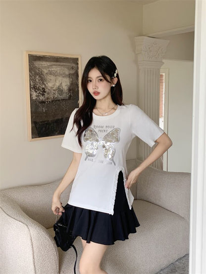 絶対欲しい キュート 超人気 ピンク プリント スパンコール 3色選択 半袖Tシャツ＜F-8570＞