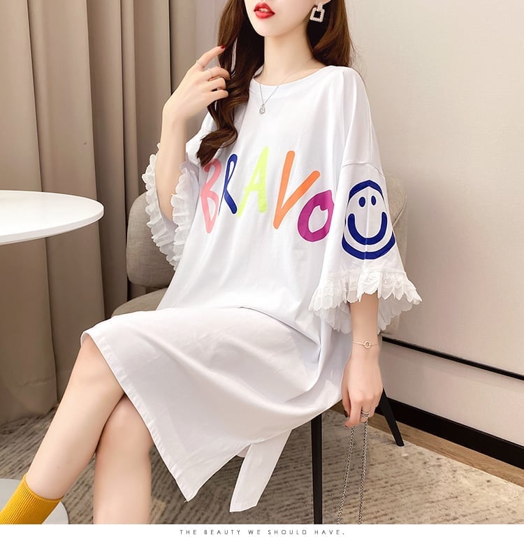 夏新作 アルファベット オーバーサイズ フリル プリントTシャツ 三色 ゆったり半袖＜F-3009＞