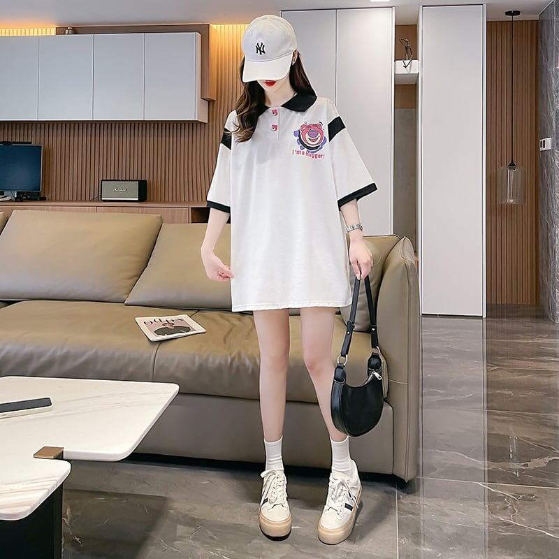 POLOネック 切り替え 熊柄 ロング プリント Tシャツ 二色 ゆったりワンピース ＜F-3020＞