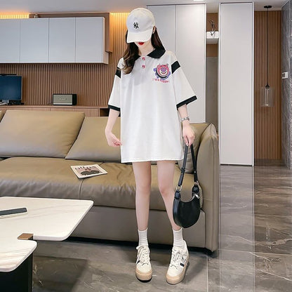 POLOネック 切り替え 熊柄 ロング プリント Tシャツ 二色 ゆったりワンピース ＜F-3020＞