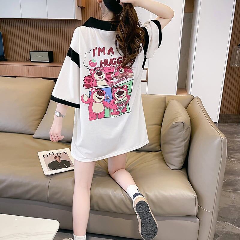 POLOネック 切り替え 熊柄 ロング プリント Tシャツ 二色 ゆったりワンピース ＜F-3020＞