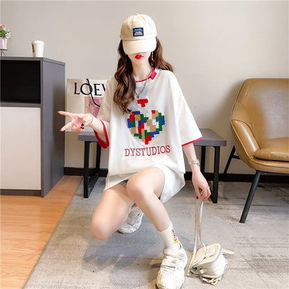 とてもデザイン性の高いモザイクエレメント半袖Tシャツ<F-2986>