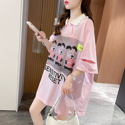 夏新作 アルファベットプリント POLOネック ロング Tシャツ ゆったりワンピース ＜F-3038＞