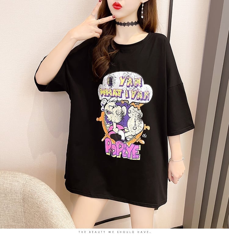 【半額！期間限定！！】グラフィック   透かし彫り Tシャツ ゆったりワンピース ＜F-4021＞