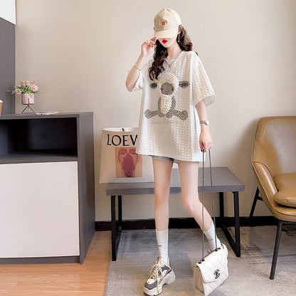 高級立体ハンドビーズコットン半袖Tシャツ<F-2998>
