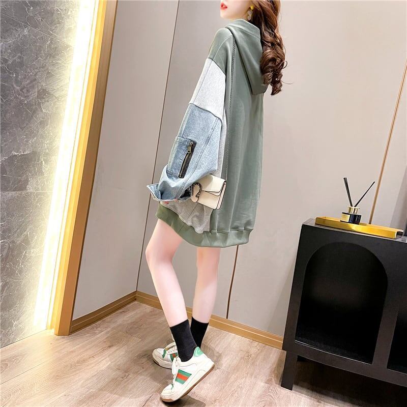 特別デザイン韓国系ゆったり切り替えデニムフード付きスウェット＜F-1592＞